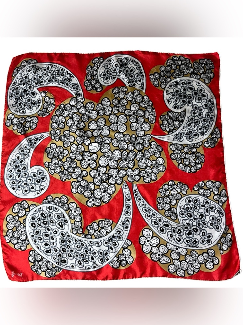 Vintage Tres-Elle 100% Silk Scarf Japan Red Mod Floral Paisley 26” Square